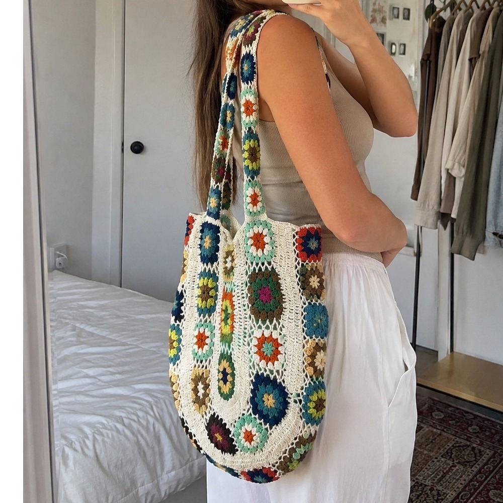 American Flirt Crochet Granny Square Tote Bag Multi-Color Cotton Boho Bag